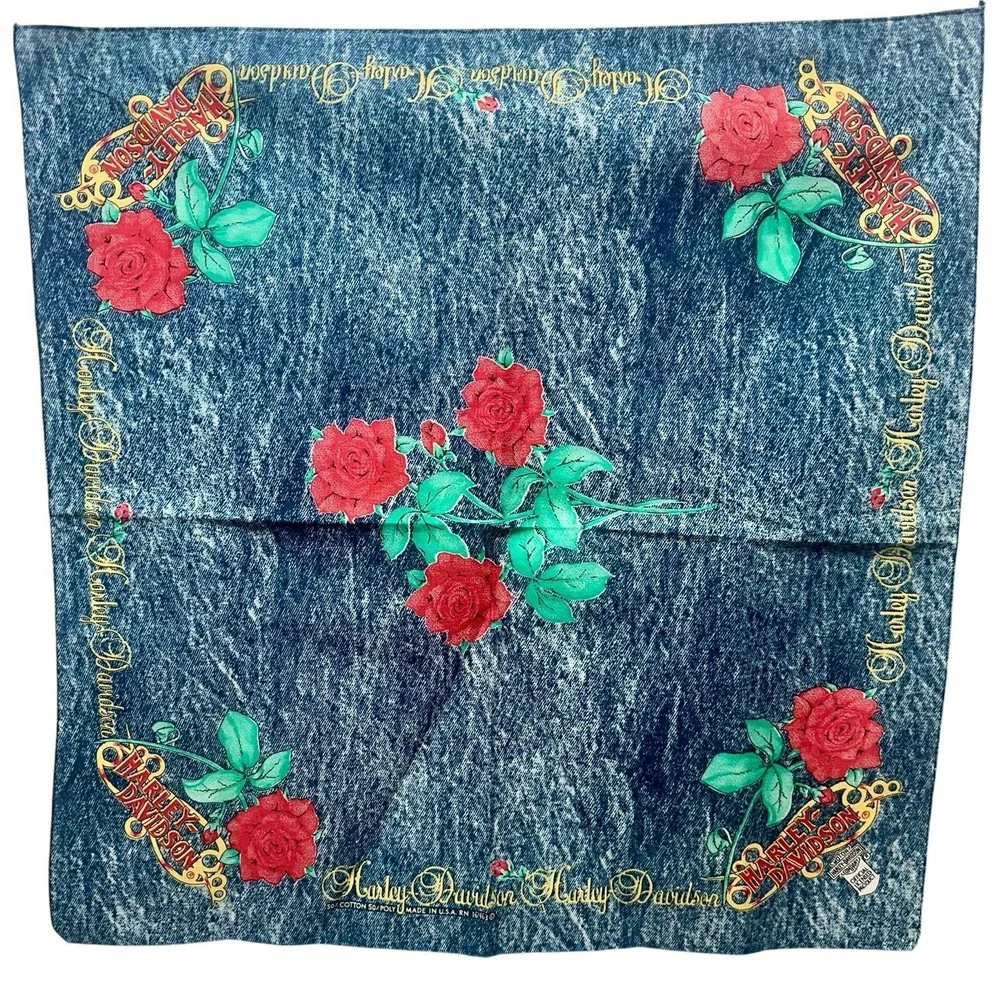 VINTAGE HARLEY DAVIDSON ROSES 50%‎ POLYESTER 50% COTTON OFFICIAL MARKED BANDANA